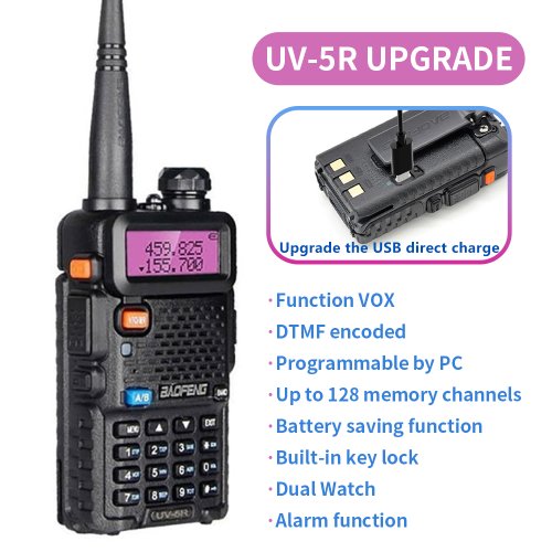 Immagine di Radiocomunicatore Portatile Baofeng UV-5R di Alta Qualità con 5W di Potenza, Doppia Banda UHF/VHF, 128 Canali e Batteria da 2200mAh per Comunicazioni Ham e Outdoor