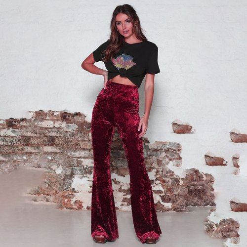 Immagine di Pantaloni lunghi svasati in velluto vintage da donna streetwear coreano pantaloni sexy a vita alta pantaloni casual da donna in velluto rosso nero con fondo a campana