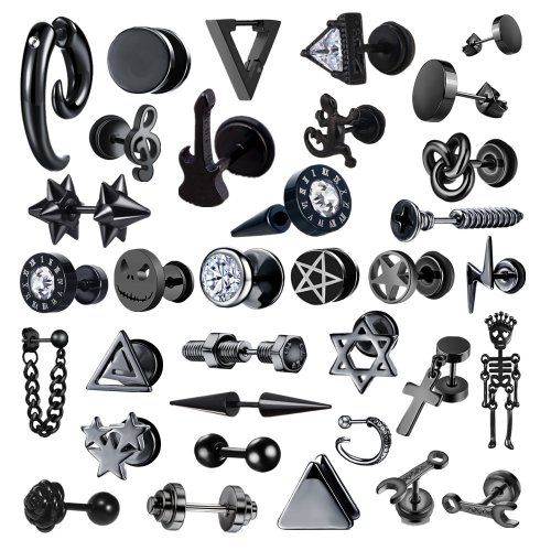 Zdjęcie Eleganckie Małe Czarne Kolczyki Punk z Cyrkoniami – Geometryczna Biżuteria ze Stali Nierdzewnej dla Kobiet, Mężczyzn i Chłopców