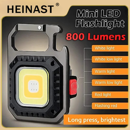 Afbeelding van Heinast Mini LED Zaklamp met Magneet en COB Technologie – 800 Lumen, USB Oplaadbaar, 7 Verlichtingsmodi voor Outdoor, Camping en Zakwerk