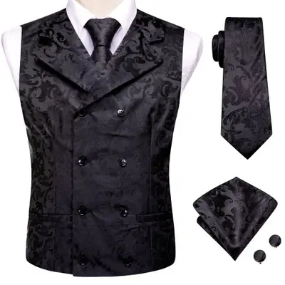 Image de Gilet Homme Noir Soie Paisley - Ensemble Élégant & Raffiné