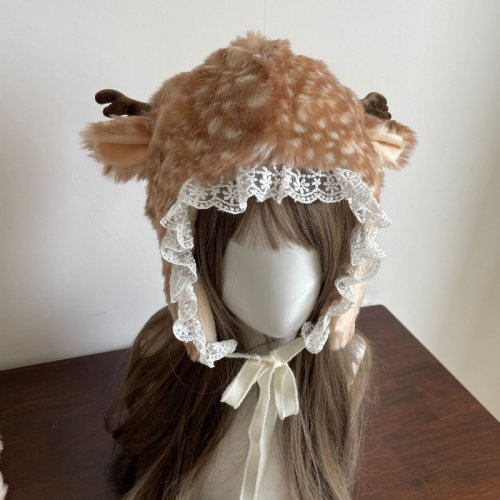 Immagine di Cappello Invernale in Pizzo Kawaii con Pelliccia Sintetica e Peluche a Forma di Renna – Berretto Caldo, Stivali Pelosi, Calzini Copri-Berretto Gotico, Scaldamuscoli e Costume da Performance per Bambini e Adulti