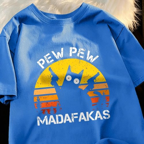 Zdjęcie Pew Pew Madafakas Cat With Two Guns T-Shirts Man Street Summer Short Sleeve Harajuku Cotton Tshirt Oversized Breathable Tops