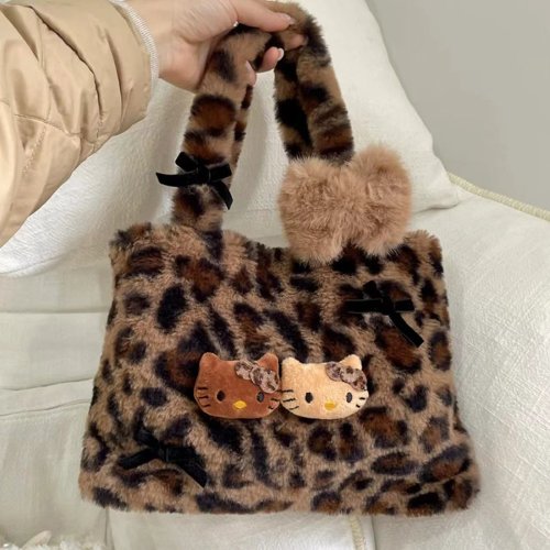 Bild von Niedliche Hello Kitty Handtasche mit Leopardenmuster – Retro Pendeltasche aus weichem Plüsch, Cartoon-Design für Mädchen und Anime-Fans