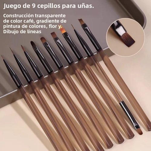 Image of Premium Natural Bristle Nail Art Brush Set with Elegant Brown Handles – 9-Piece Professional Detail Painting Kit for Gel, Acrylic & DIY Manicures