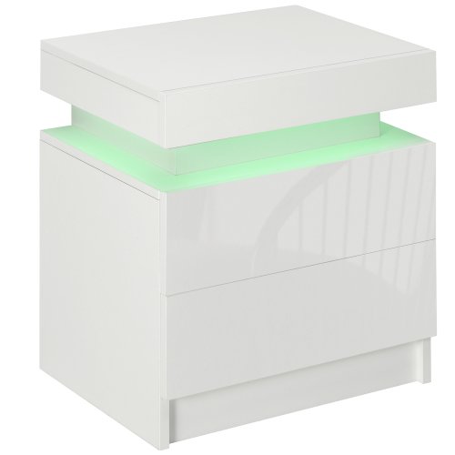 Image of Elegant White Nightstand with Built-in LED Lighting and Remote Control – Modern Bedroom Side Table with Storage Drawer (45x35x52 cm)