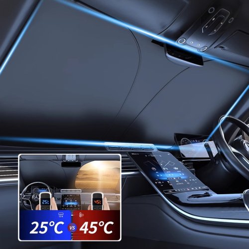Bild von Auto Windschutzscheibe Sonnenschutz Abdeckung – Klappbarer UV-Schutz für Fahrzeugfront, Schatten spendendes Visier mit Styling-Effekt