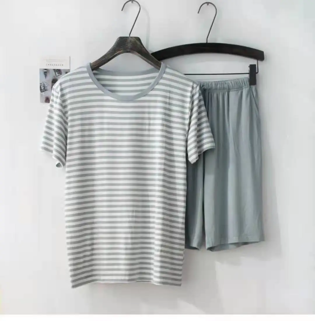 Image of Men's Summer Modal Pajama Set - Short Sleeve Striped T-Shirt & Shorts, Comfortable Plus Size Sleepwear for Home Relaxation