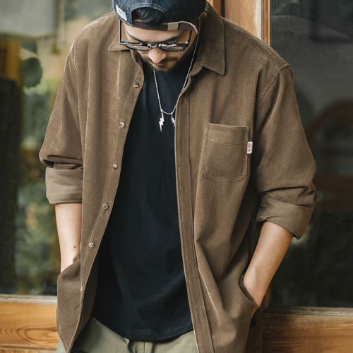 Imagen de Camisa Maden para Hombre de Pana con Manga Larga, Corte Ajustado y Estilo Retro – Ropa Informal de Primavera