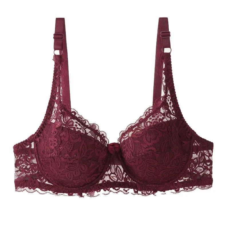 Image of Women's Sexy Lace Thin Bra with Underwire Plus Size Traditional Lace Bra Gathering Steel Ring Breast 36-42 C/D Cup Underwear