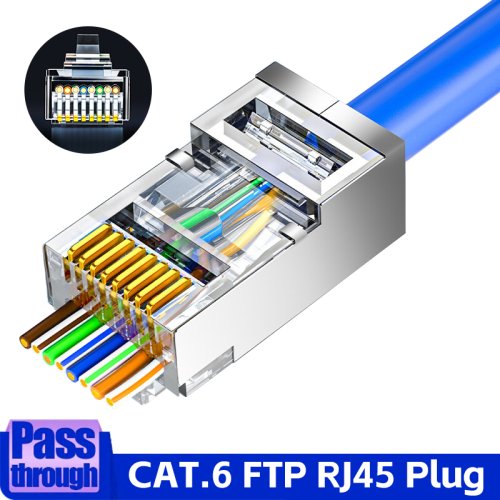 Afbeelding van CAT6 Pass-Through RJ45 Afgeschermde Connectoren met Crystal End, Vergulde 8P8C Krimp UTP Ethernet Modulaire Stekker voor Snelle en Betrouwbare Netwerksnelheid