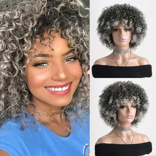 Image de Perruque Afro Bouclée 16" - Frange & Fibre Synthétique Douce