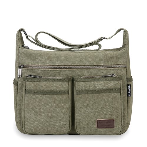 Image of Neutral business casual crossbody bag - adjustable shoulder straps, multiple zippered compartments, durable black polyester lini