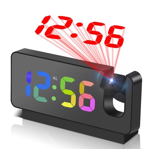 Immagine di Sveglia a proiezione Orologio da scrivania con ampio display a LED a colori Proiettore girevole da soffitto/parete per camera da letto, ufficio, bagno