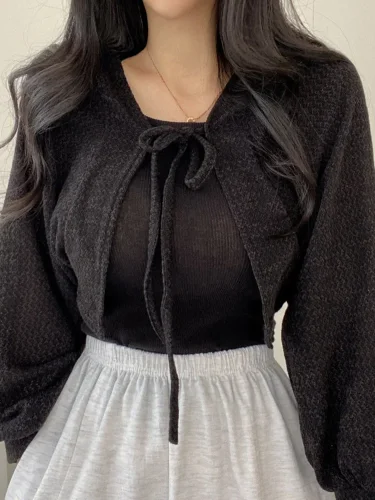 Image of Thin White Cardigan Women Summer Sunscreen Lace-up Knitwear Tops Lady Korean Style Casual Lantern Sleeve Short Sun Protected Top