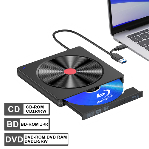 Immagine di Lettore Blu-ray Esterno Portatile con Masterizzatore CD/DVD, USB 3.0 e Tipo C, Compatibile con PC e Laptop – Leggero e Facile da Usare