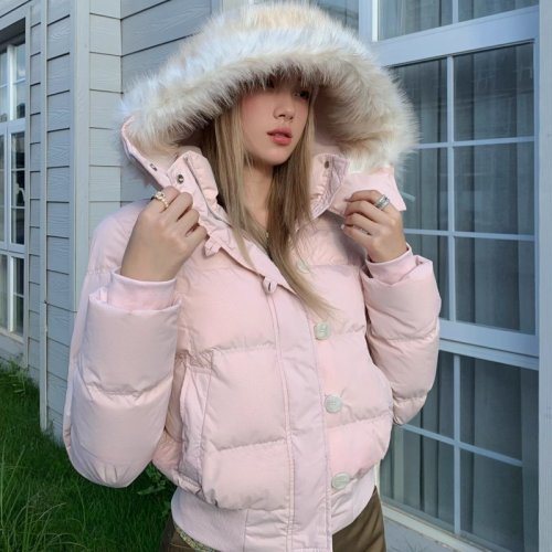 Imagen de Chaqueta con Capucha de Algodón Rosa con Cuello de Piel para Mujer, Abrigo Grueso A Prueba de Frío, Estilo Harajuku High Street 2025