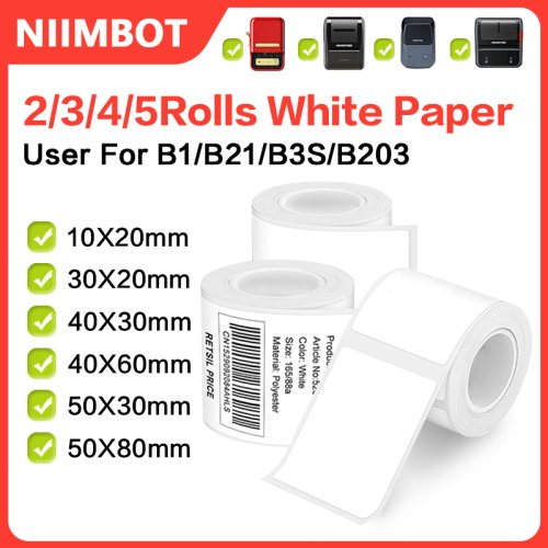 Image of Niimbot B1 Portable Label Printer with Waterproof Adhesive Labels – Compact Bluetooth Thermal Printer for Home, Office, and Business Use – Includes 2, 3, 4, or 5 Rolls of White Stickers