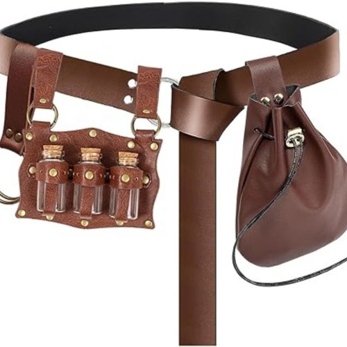 Afbeelding van Middeleeuwse Riemaanpassing met Glazen Magische Fles, Flesafdekking en Koperen Muntheuptas – Compleet Kostuum Accessoire Set voor Halloween en Feesten