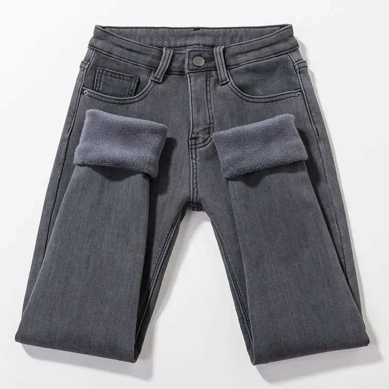 Imagen de Pantalones Vaqueros Acolchados de Lana Gris Ahumado, Modelo Pitillo Tapered con Cintura Alta y Elástico, Calentitos y Ajustados para Mujer, Estilo Coreano Invernal