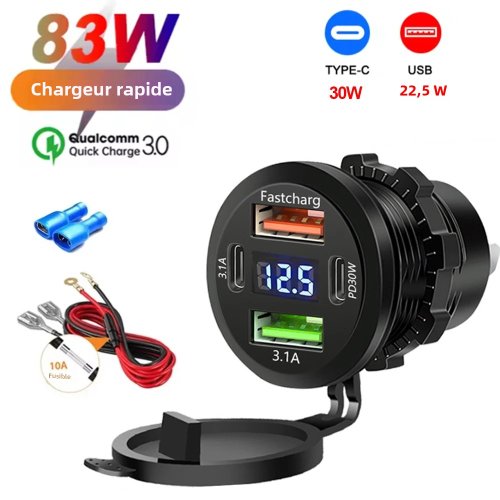 Imagen de Cargador de Coche USB Dual con PD y QC 3.0 de 117W, Adaptador de Toma de Corriente Impermeable con Voltímetro para Vehículos de 12V y 24V