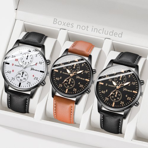Imagen de Reloj de Moda para Hombre de 3 Piezas: Estilo Retro Clásico con Esfera Redonda y Movimiento de Cuarzo - Ideal como Regalo de Vacaciones
