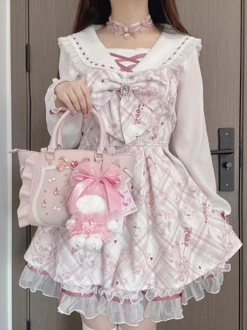 Imagen de Vestido Japonés Dulce Lolita Kawaii para Mujer 2025 - Diseño Falso de Dos Piezas con Lazo y Estampado Primaveral, Ropa de Fiesta en Estilo Coreano