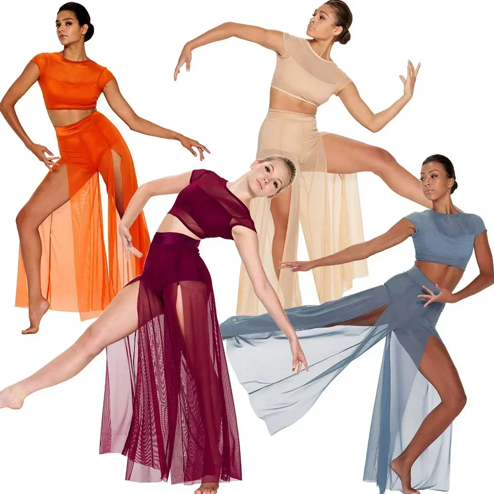 Immagine di Abito da Danza Moderna in Due Pezzi con Pantaloni a Gamba Larga e Top Corto in Lycra Attaccato – Abbigliamento Contemporaneo per Donne