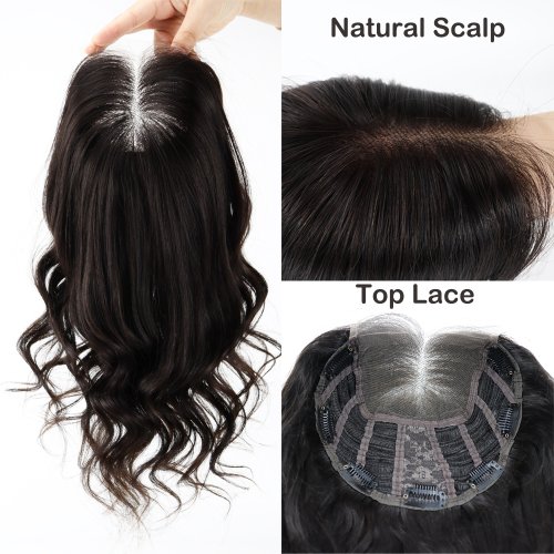 Afbeelding van HD Lace Top Inslag Topper met Clips in Golf Krullend Remy Echt haar 6x7 7x7 7x8 8x8 8x9" met 4x4" Transparant Kant