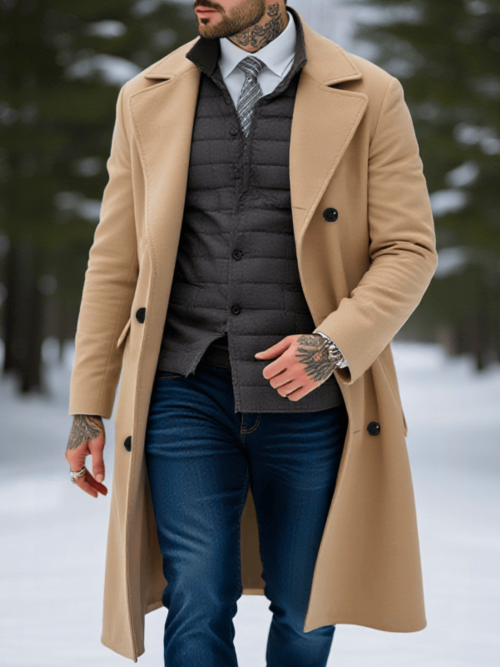 Imagen de Abrigo de Lana para Hombre con Doble Botonadura, Forro Cálido y Resistente al Viento – Estilo Informal y Formal para Otoño e Invierno