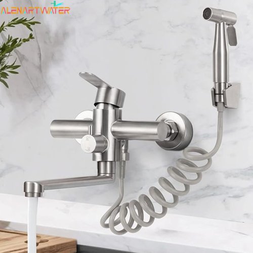 Imagen de Grifo de Cocina AlenartWater Giratorio con Montaje en Pared, Mezclador de Agua Fría y Caliente, Diseño Moderno de Un Solo Orificio para Fregadero