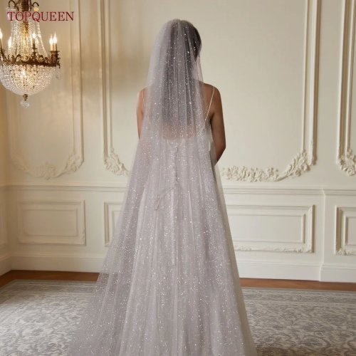 Immagine di Velo da Sposa Cattedrale Glitterato con Effetto Bling-Bling - Personalizzabile e Lucido per Matrimonio Elegante