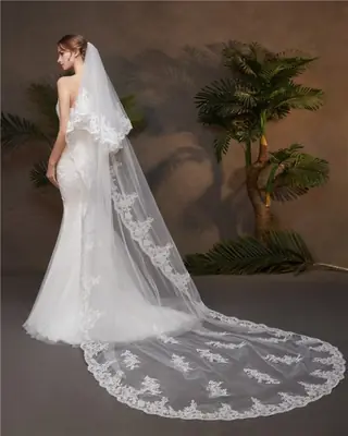Image de Voile de Mariée Cathédrale en Dentelle avec Peigne