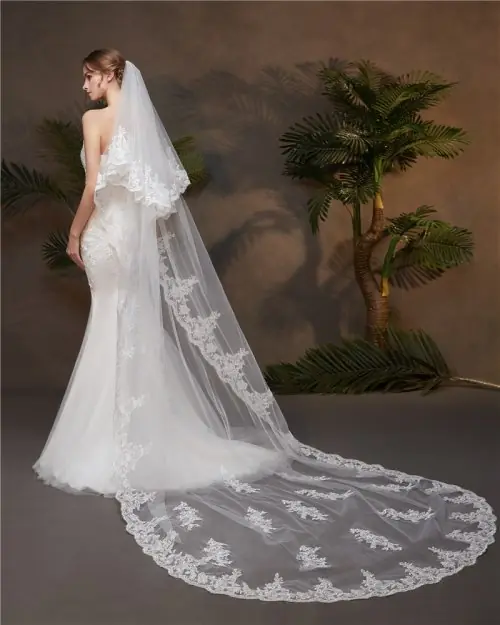 Image de Voile de Mariée Cathédrale en Dentelle avec Peigne