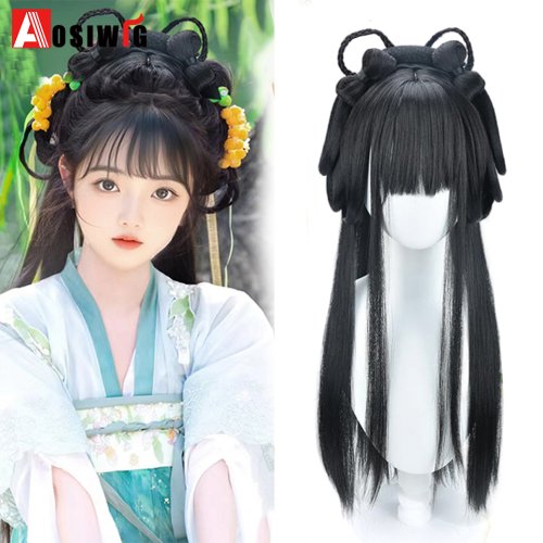 Imagen de Peluca Sintética Larga y Recta de Estilo Antiguo Chino para Hanfu, Ideal para Cosplay y Ropas Tradicionales del Período Wei Jin