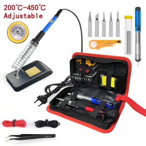 Image of 60W Adjustable Temperature Soldering Iron Kit with 15-in-1 Tips, Tweezers, and Precise Heat Control for DIY Electronics Repair and Home Projects