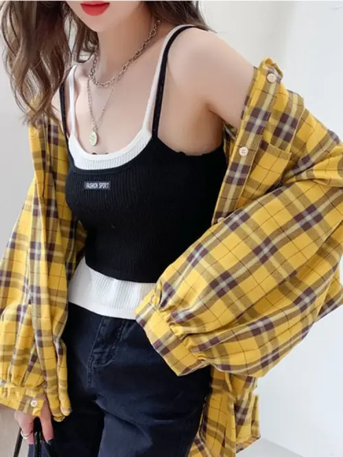 Image de Chemise Femme Oversize à Carreaux Jaune - Style Harajuku