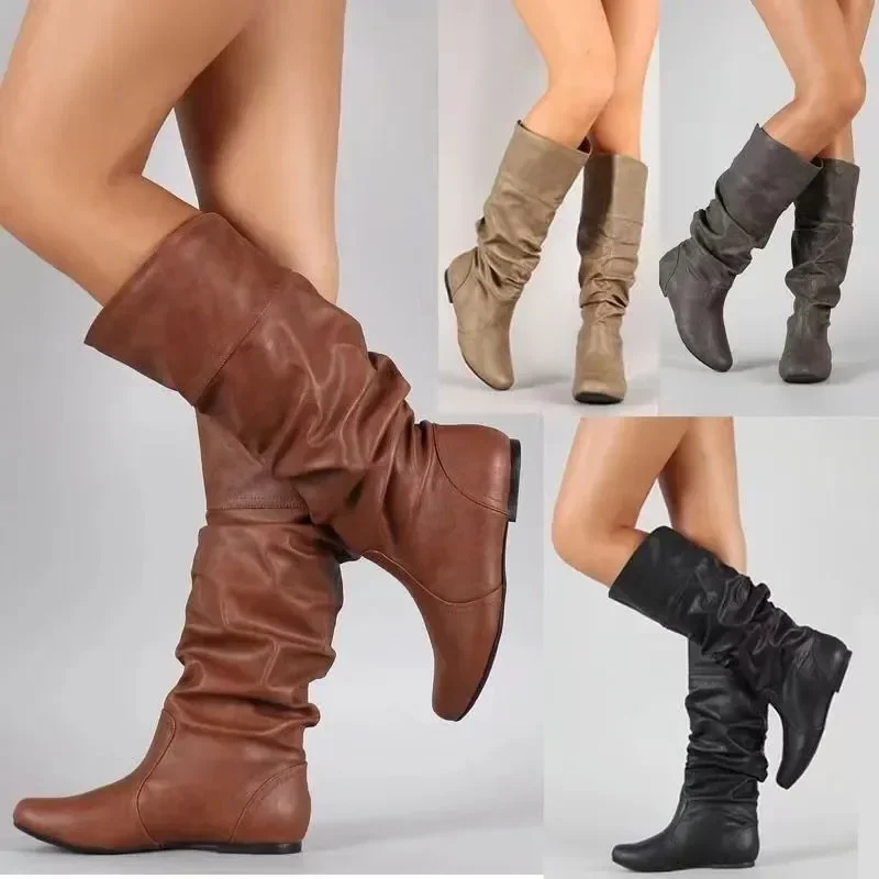 Image of Stylish Mid-Calf Flat Boots for Women – Spring and Autumn Western Cowboy Boot Design, Comfortable Long Ankle Boots in Sizes 35 to 43
