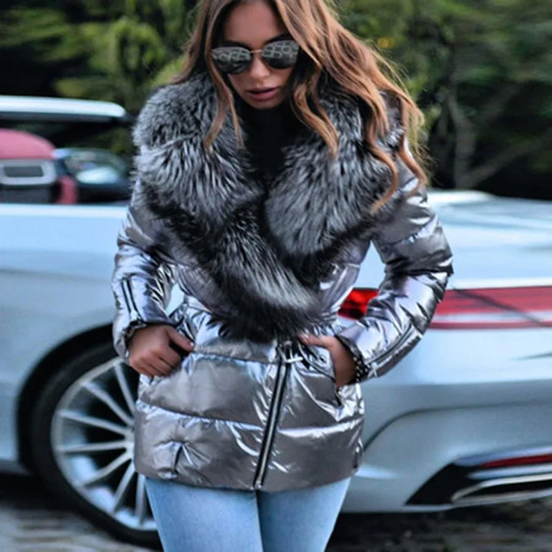 Imagen de Abrigo de Invierno para Mujer, Chaqueta Corta de Algodón con Cuello Grande y Superficie Brillante, Estilo Punk Ajustado