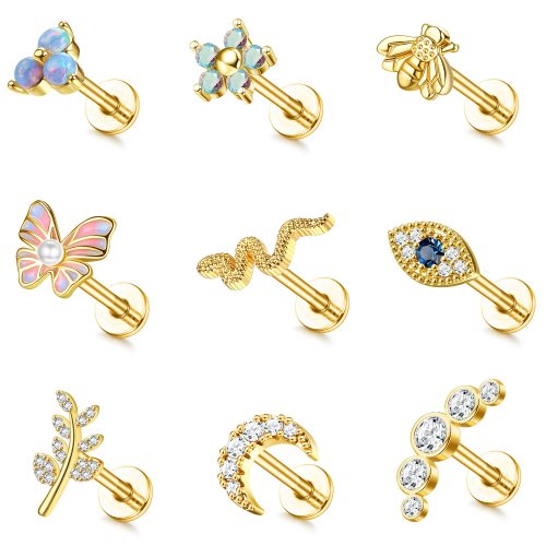 Bild von Edelstahl Ohrstecker mit Schmetterling, Mond & Blume – 16G Helix & Tragus Piercing