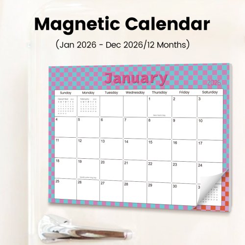 Imagen de Calendario Magnético para Nevera con Tablero de Ajedrez Colorido 2026 - Almohadilla Planificadora Mensual de 12 Meses con Diseño de Cuadrícula Pastel