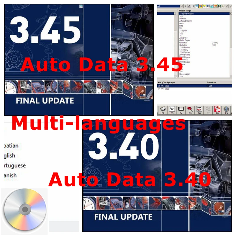 Immagine di Dati automatici 3.45 Diagrammi di cablaggio Dati con installazione video Auto.data 3.40 Software Versione multilingue Aggiornamento Dati di riparazione automatica