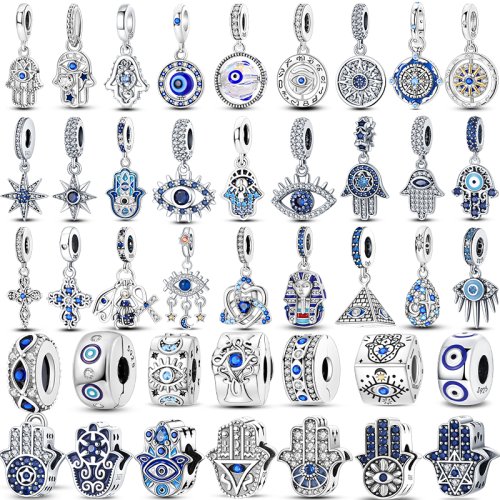 Imagen de Gran oferta de cuentas de plata de ley 925, cuentas cruzadas de mano de Fátima con ojo del diablo, compatibles con Pulsera Original, regalos de joyería DIY para mujer