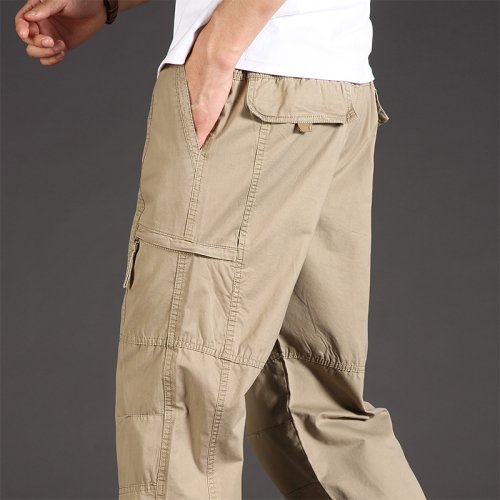 Image of Classic Men's Casual Cargo Pants with Zipper Pockets – Big & Tall Outdoor Sports Trousers in Khaki and Grey