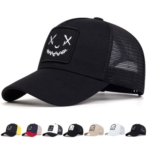 Imagen de Hombres Mujeres sonrisa cara bordado gorras de béisbol algodón ajustable Snapback sombreros Hip Hop gorra de malla verano al aire libre sombrero para el sol papá sombreros
