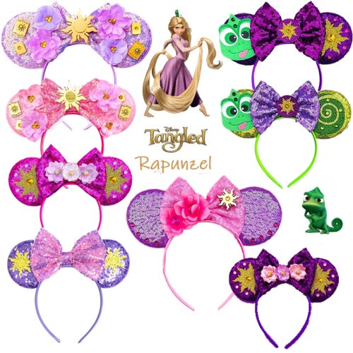 Image of Enchanting Princess Sequin Headband with Magic Hexagram Bow – Cute Mickey Mouse Ears Hairband for Kids and Girls, Rapunzel-Inspired Hair Accessory for Parties and Daily Wear