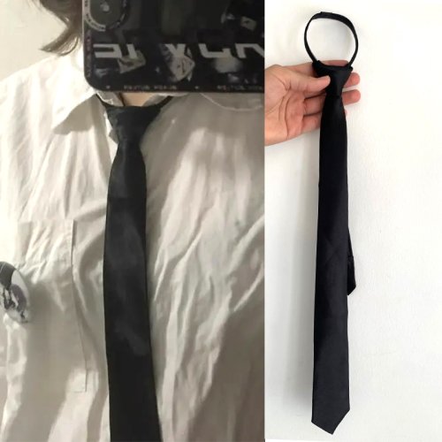 Image of Unisex Black Clip-On Tie for Men and Women – Simple Solid Color Zipper Collar Tie, Academic Style, Lazy Fashion Accessory