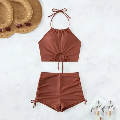 Image de Maillot de Bain 2 Pièces Marron Côtelé - Sexy & Élégant
