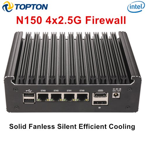 Immagine di Mini PC Senza Ventilatore con Processore Intel N150/N95, Pentium 6405U, 4417U, i5-8250U – Server Domestico Fanless con DDR4, NVMe e Doppia LAN 5G per PFSense e OPNsense