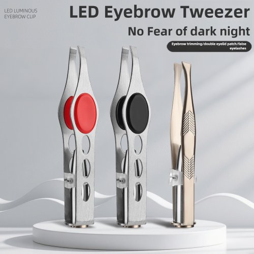 Afbeelding van Eco-Friendly Draagbare RVS Knoopcel Pincet met LED Licht voor Precieze Wenkbrauwverzorging en Make-up